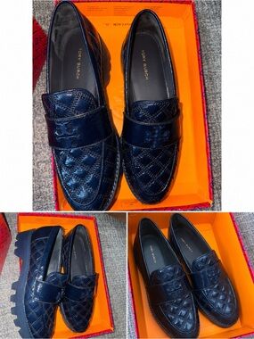 Tory Burch Mini Everly Chunky  Quilted Patent Leather Navy Loafers